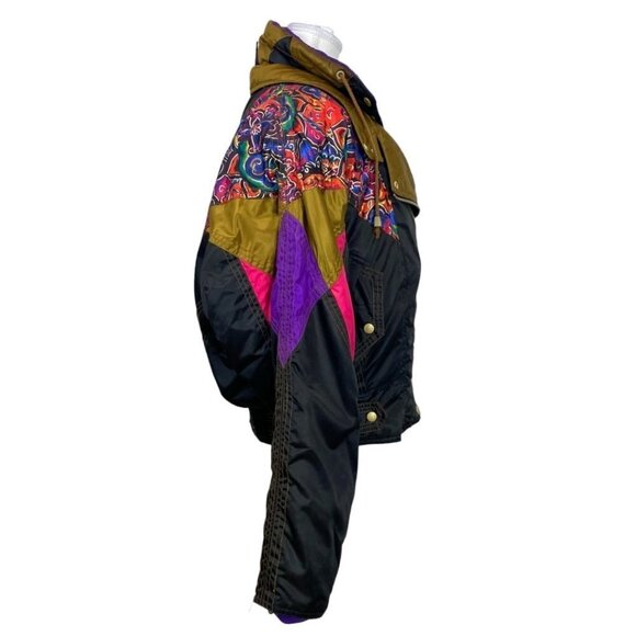 NEVICA VIRAGE SPORT VINTAGE 80S BLACK COLORFUL COMBO ZIP UP WAXED APRES SKI COAT - Picture 2 of 12